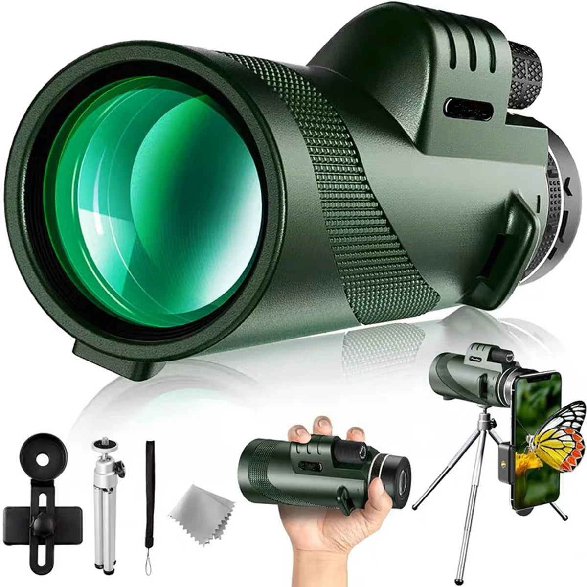 80x100 HD Monocular with Smartphone Stand and Tripod - Premium Long-Range Optics for Outdoor Adventures and Wildlife Observation
