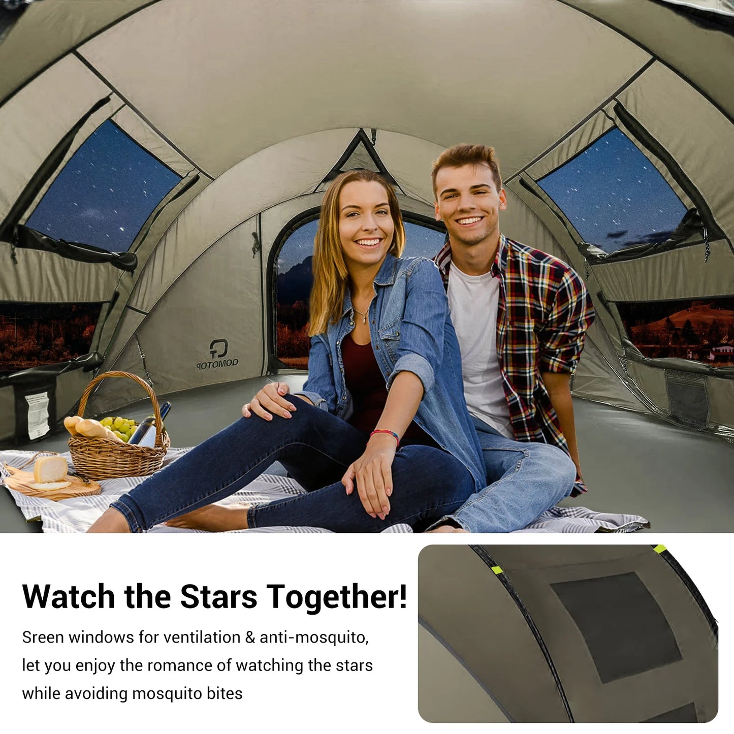 4-Person Instant Camping Tent with Automatic Setup, Waterproof Features, and Spacious Side Screen Windows in Green