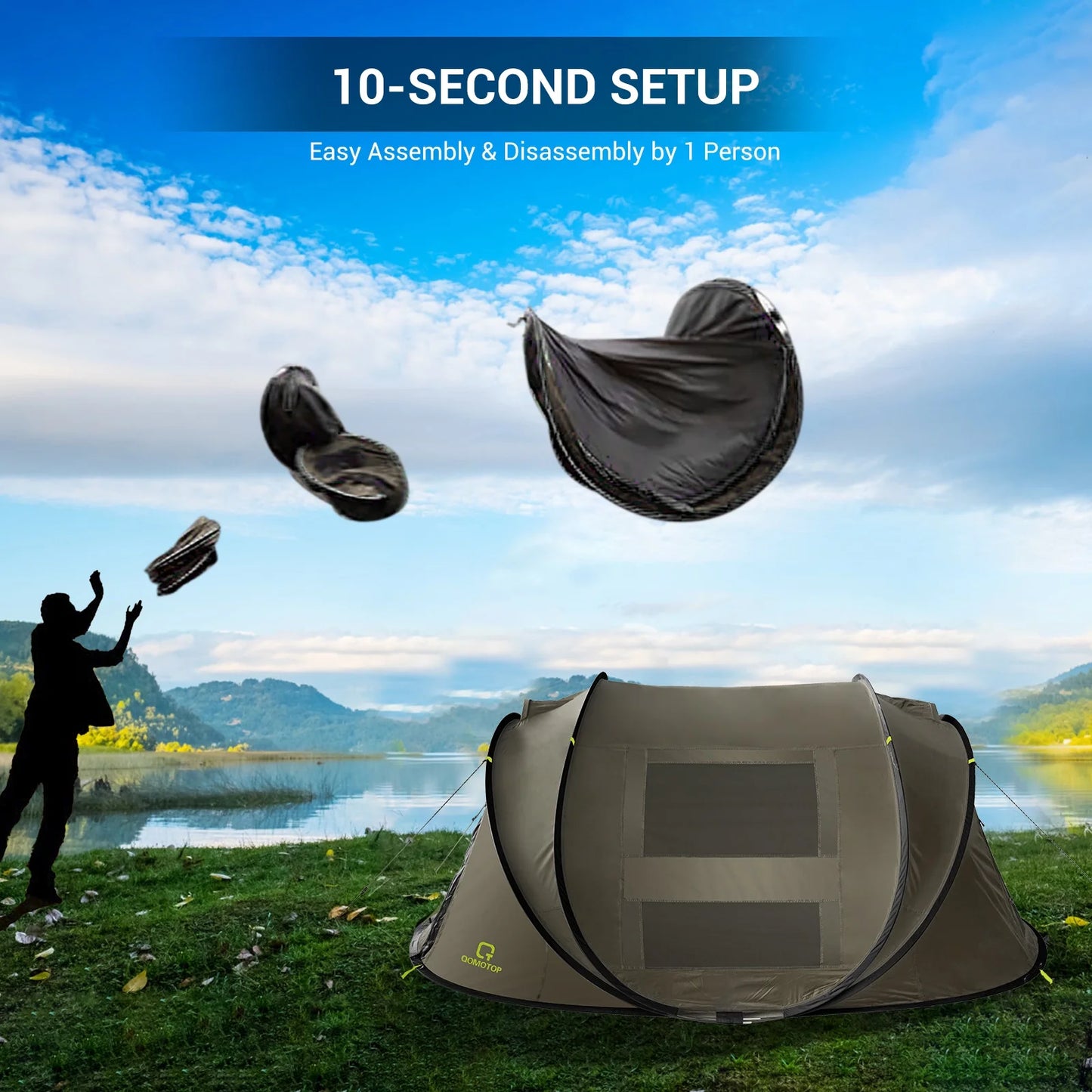 4-Person Instant Camping Tent with Automatic Setup, Waterproof Features, and Spacious Side Screen Windows in Green