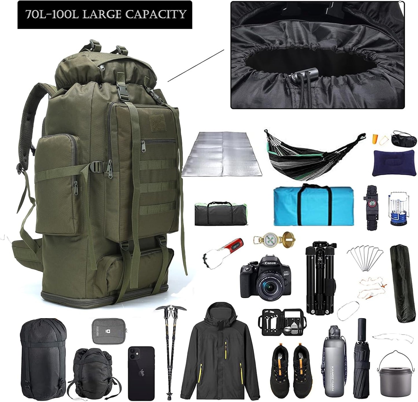 Men's 70L/100L Hiking Backpack - Military-Grade Molle Camping Rucksack for 3-Day Assault and Climbing Adventures