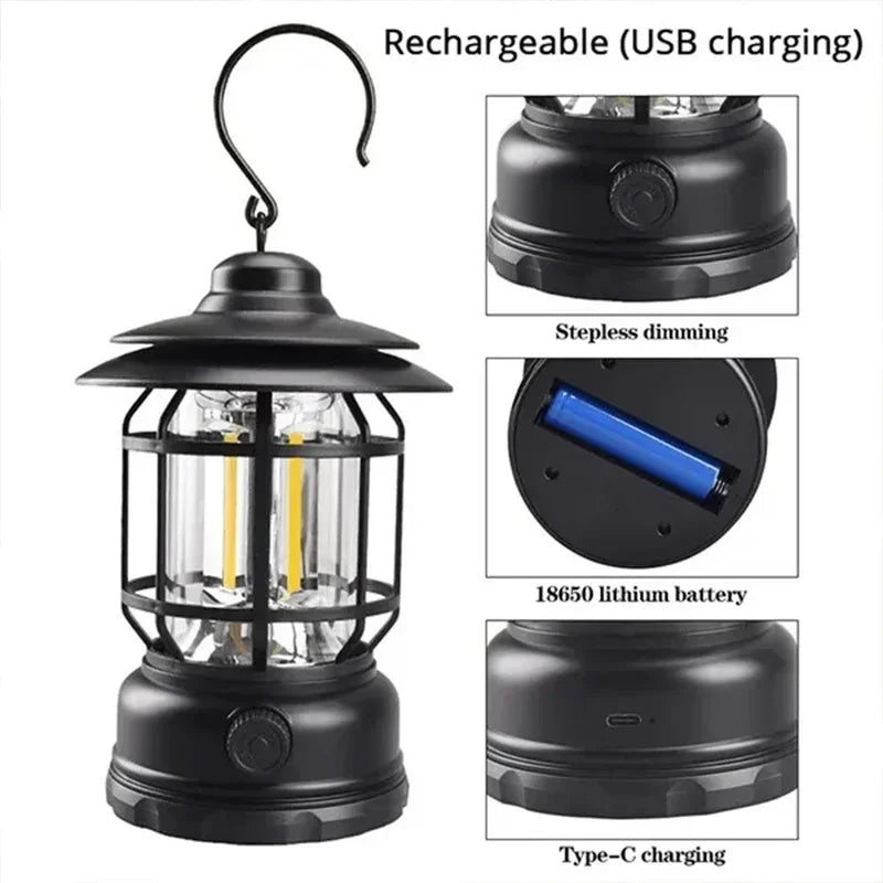 Illuminate Your Adventures: 2-Pack Retro Waterproof LED Camping Lanterns - USB Rechargeable Hanging Lights for Hiking and Fishing
