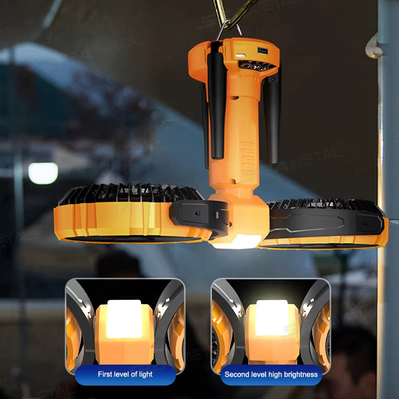 8000mAh Rechargeable Dual Head Portable Camping Fan with LED Light and 360° Automatic Rotation - Your Ultimate Outdoor Cooling Companion