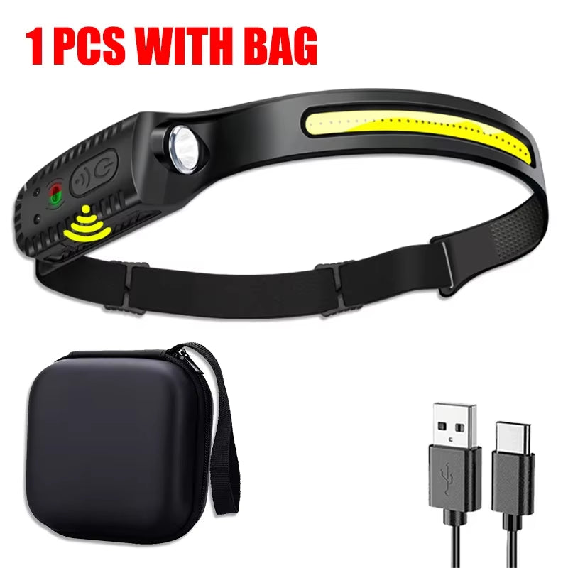 Advanced USB Rechargeable LED Sensor Headlamp - Versatile XPE+COB Lighting Solution for Camping, Fishing, and Outdoor Exploration