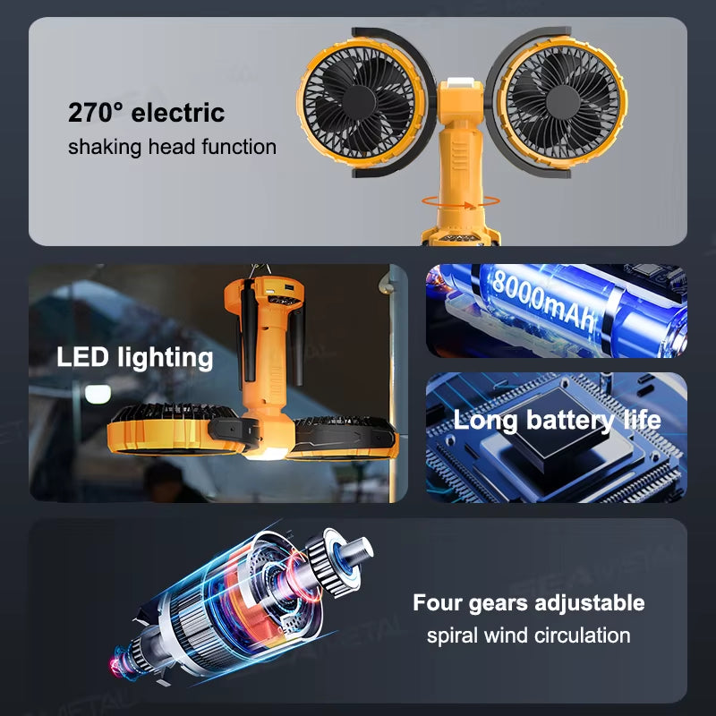 8000mAh Rechargeable Dual Head Portable Camping Fan with LED Light and 360° Automatic Rotation - Your Ultimate Outdoor Cooling Companion