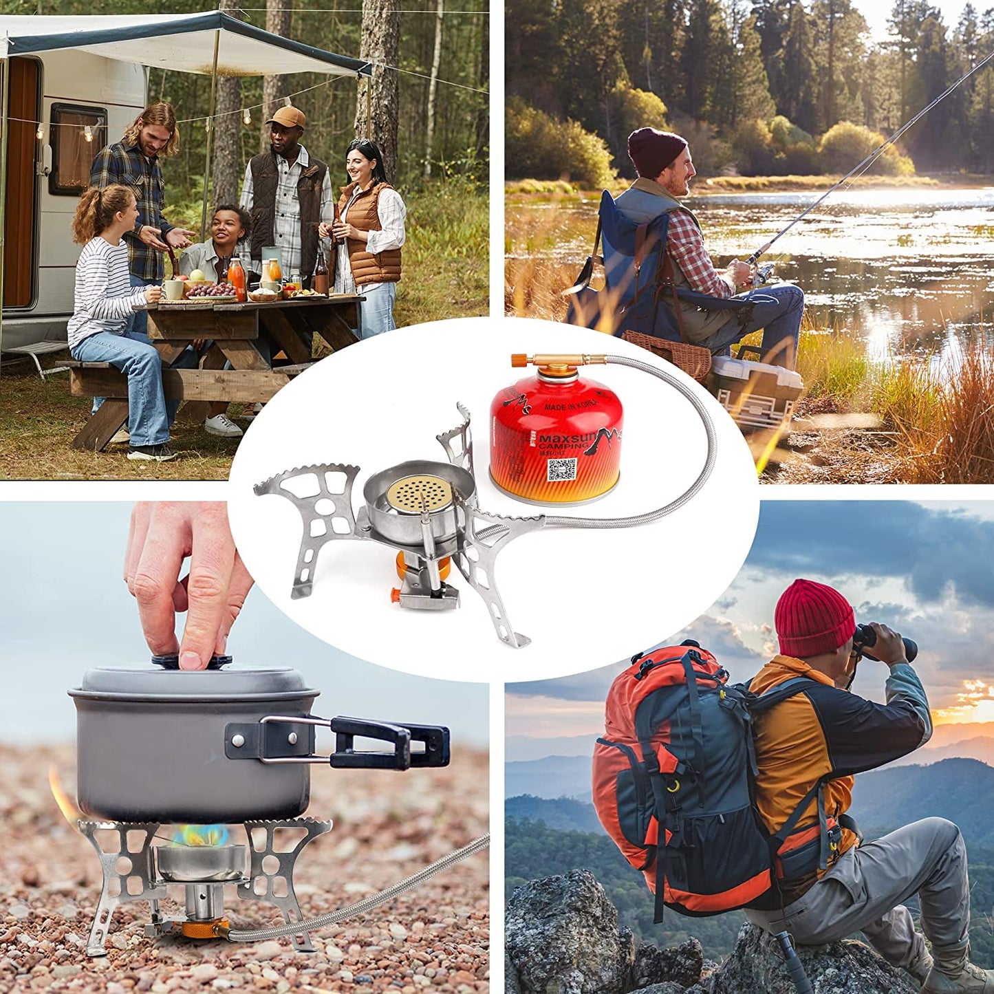 Versatile and Lightweight Portable Camping Stove with Piezo Ignition and Fuel Canister Adapter - 3900W Windproof Butane Mini Stove for Hiking and Backpacking
