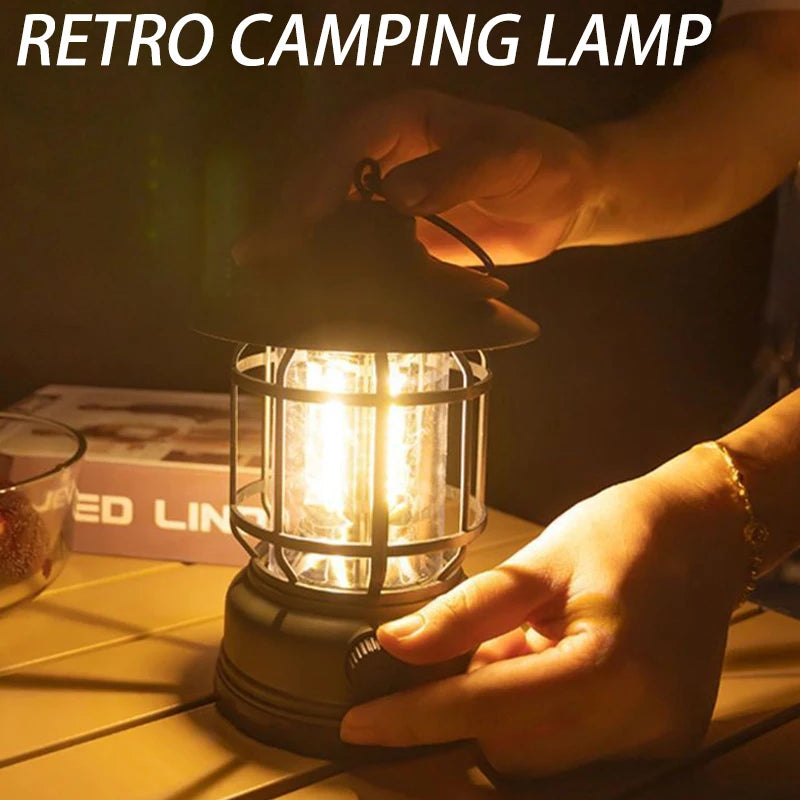 Illuminate Your Adventures: 2-Pack Retro Waterproof LED Camping Lanterns - USB Rechargeable Hanging Lights for Hiking and Fishing