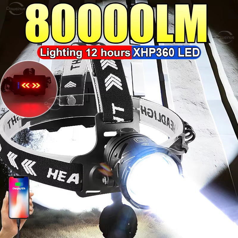 80000LM Ultra Bright Rechargeable XHP360 Headlamp - Perfect for Camping, Fishing, and Outdoor Adventures