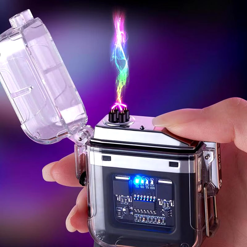 Transparent Dual Arc Plasma Waterproof Lighter Watch with Rechargeable USB Flashlight - Flameless and Windproof for Outdoor Camping