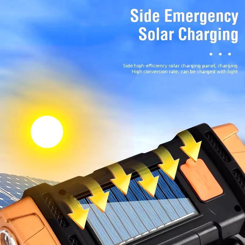 Premium Rechargeable Solar LED Flashlight & COB Work Light - 4 Lighting Modes with Emergency Phone Charging for Outdoor Adventures
