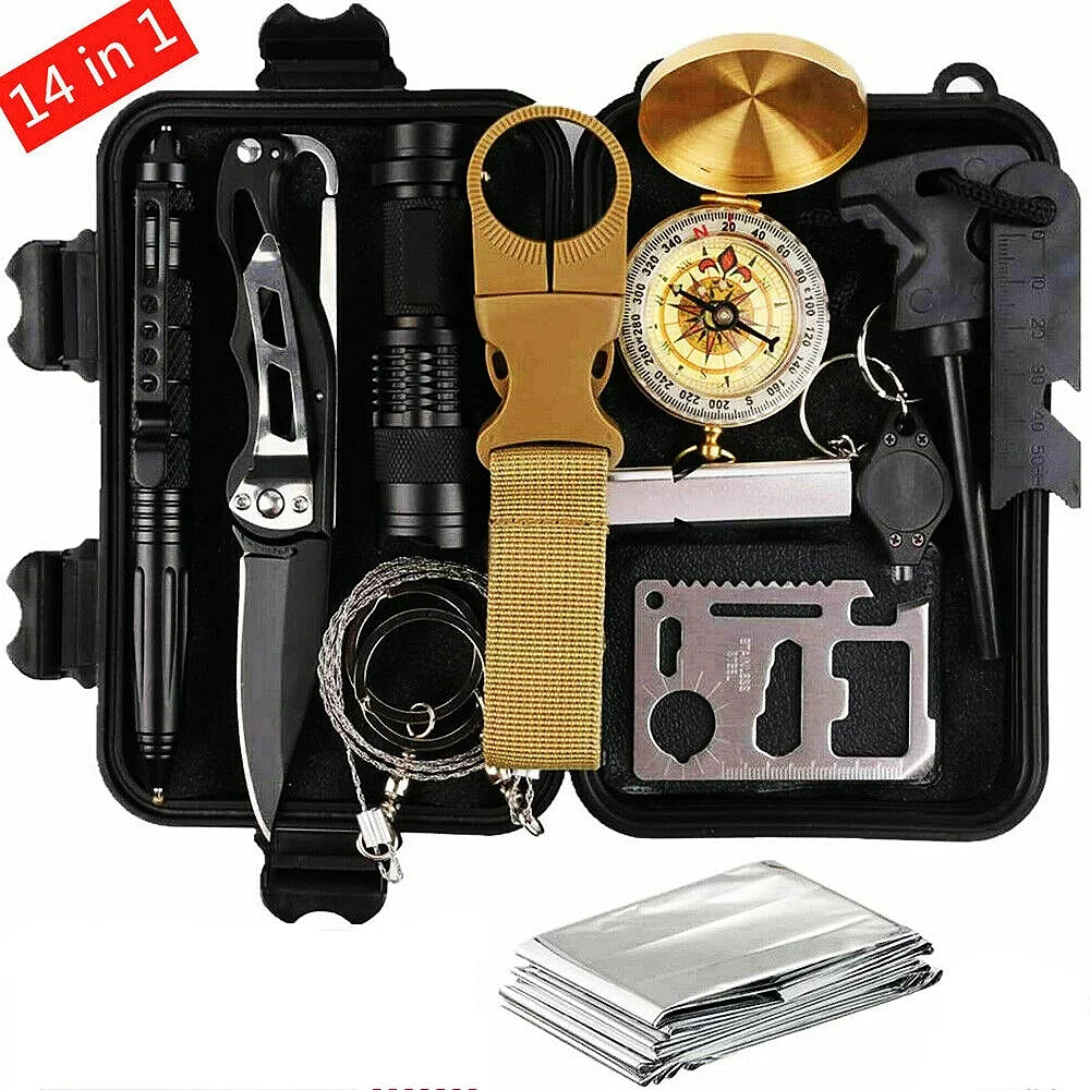 Comprehensive 14-in-1 Emergency Survival Gear Kit for Outdoor Adventures – The Ultimate Gift for Outdoor Enthusiasts