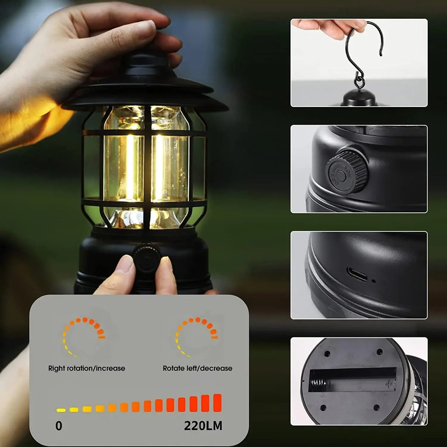 Illuminate Your Adventures: 2-Pack Retro Waterproof LED Camping Lanterns - USB Rechargeable Hanging Lights for Hiking and Fishing