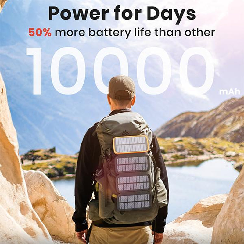 High-Capacity 10,000mAh Solar Power Bank with Quad Solar Panels and 15W Rapid Charging for iPhone 15 Series and Samsung Galaxy Devices