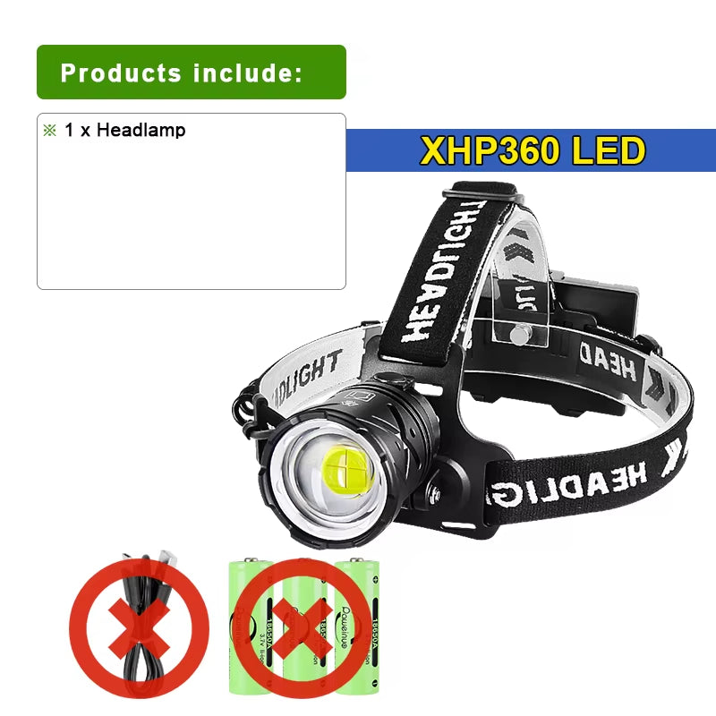80000LM Ultra Bright Rechargeable XHP360 Headlamp - Perfect for Camping, Fishing, and Outdoor Adventures