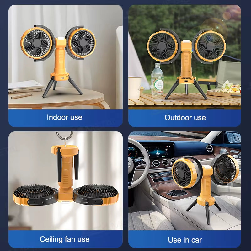 8000mAh Rechargeable Dual Head Portable Camping Fan with LED Light and 360° Automatic Rotation - Your Ultimate Outdoor Cooling Companion