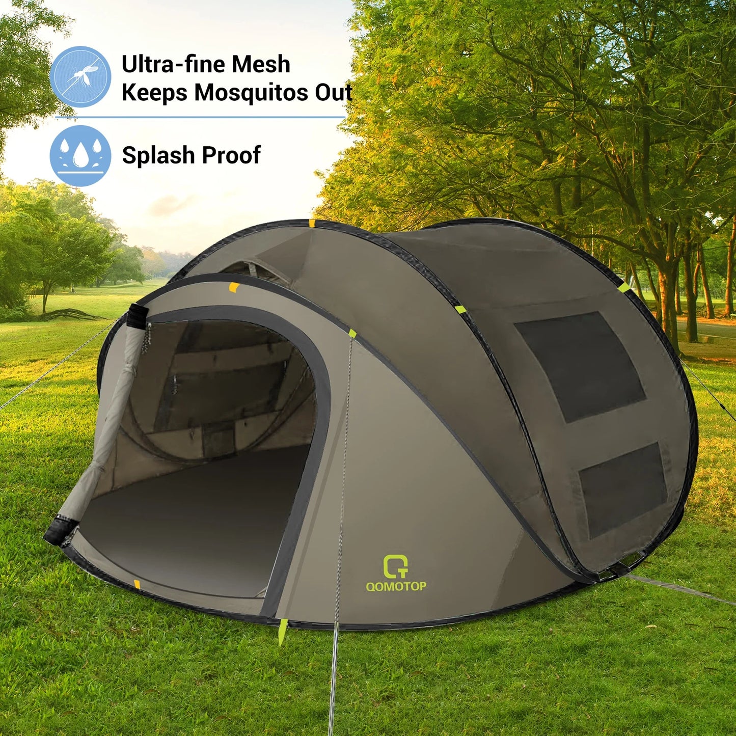 4-Person Instant Camping Tent with Automatic Setup, Waterproof Features, and Spacious Side Screen Windows in Green