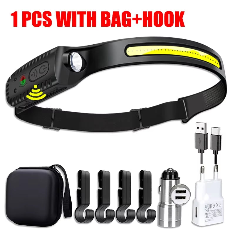 Advanced USB Rechargeable LED Sensor Headlamp - Versatile XPE+COB Lighting Solution for Camping, Fishing, and Outdoor Exploration