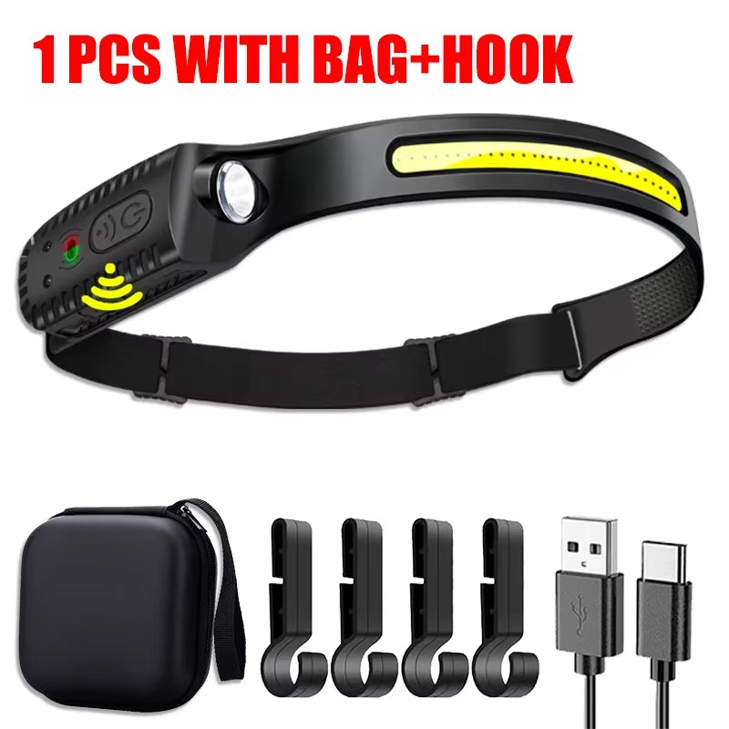 Advanced USB Rechargeable LED Sensor Headlamp - Versatile XPE+COB Lighting Solution for Camping, Fishing, and Outdoor Exploration