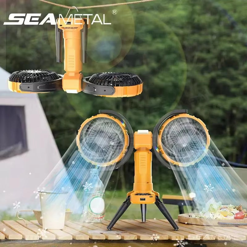 8000mAh Rechargeable Dual Head Portable Camping Fan with LED Light and 360° Automatic Rotation - Your Ultimate Outdoor Cooling Companion