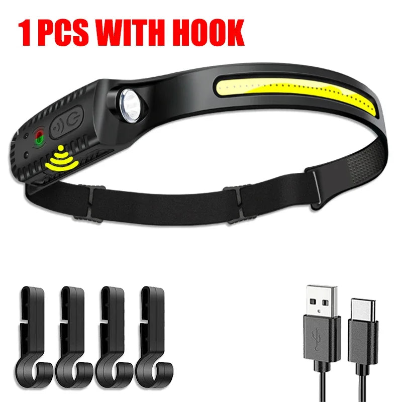 Advanced USB Rechargeable LED Sensor Headlamp - Versatile XPE+COB Lighting Solution for Camping, Fishing, and Outdoor Exploration