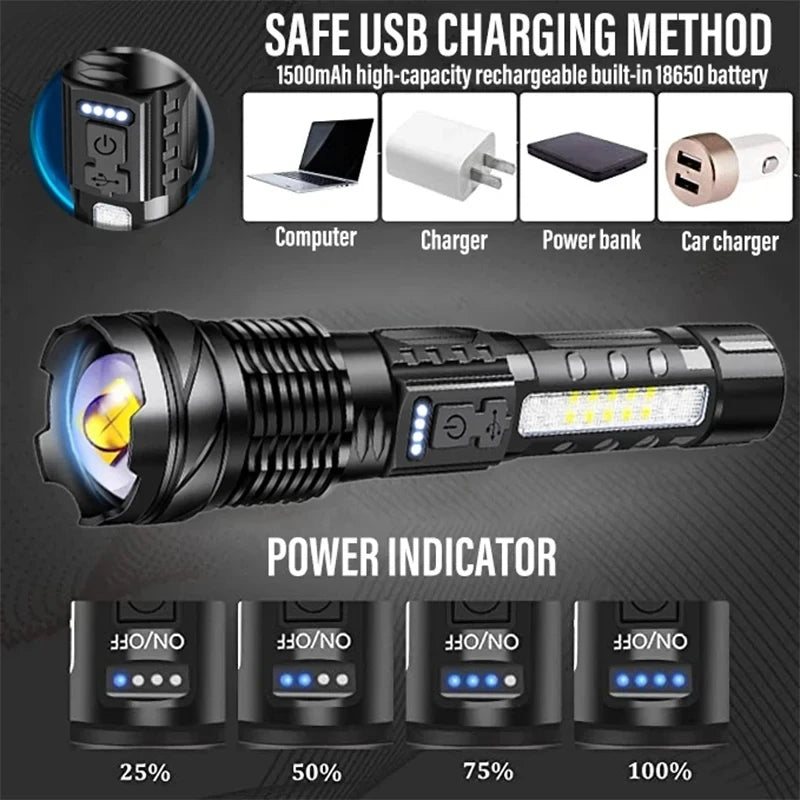 XHP50 Waterproof LED Flashlight - 7 Adjustable Modes and USB Rechargeable Torch for Camping, Fishing, and Outdoor Adventures