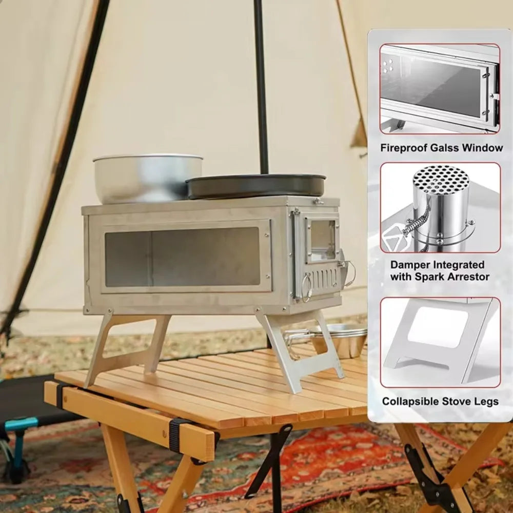 Lightweight Portable Tent Stove with Elegant Glass Design - Perfect for Winter Camping and Outdoor Cooking