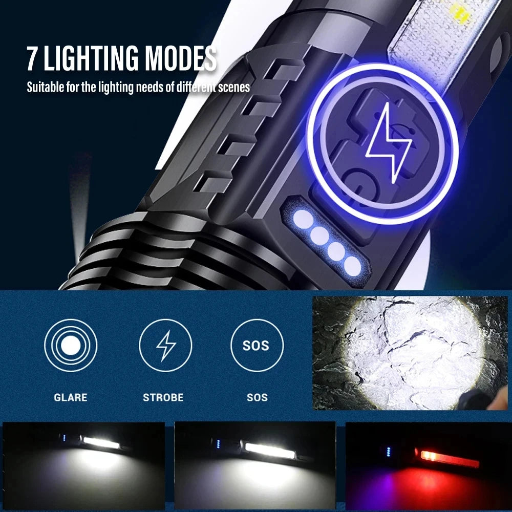 XHP50 Waterproof LED Flashlight - 7 Adjustable Modes and USB Rechargeable Torch for Camping, Fishing, and Outdoor Adventures