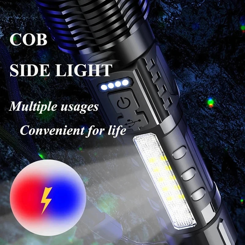 XHP50 Waterproof LED Flashlight - 7 Adjustable Modes and USB Rechargeable Torch for Camping, Fishing, and Outdoor Adventures