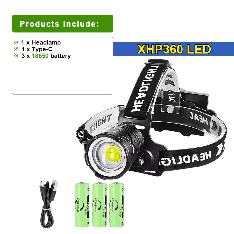80000LM Ultra Bright Rechargeable XHP360 Headlamp - Perfect for Camping, Fishing, and Outdoor Adventures