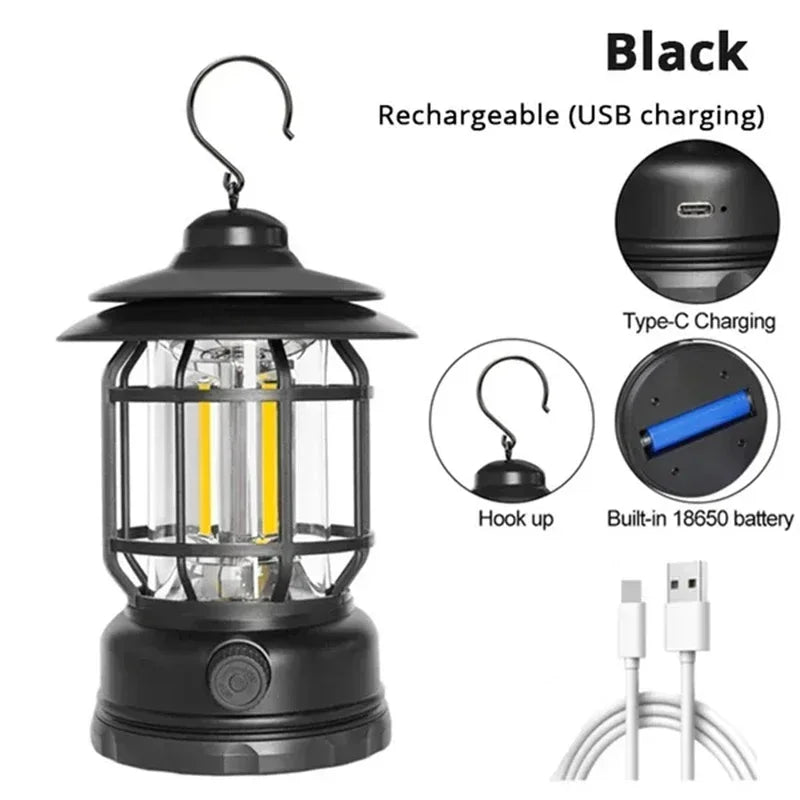 Illuminate Your Adventures: 2-Pack Retro Waterproof LED Camping Lanterns - USB Rechargeable Hanging Lights for Hiking and Fishing