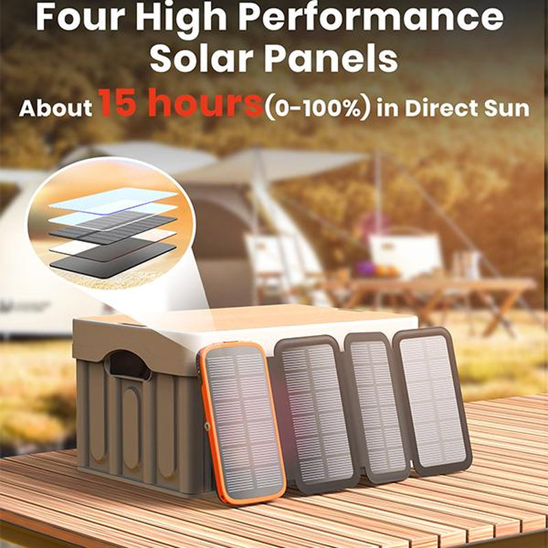 High-Capacity 10,000mAh Solar Power Bank with Quad Solar Panels and 15W Rapid Charging for iPhone 15 Series and Samsung Galaxy Devices