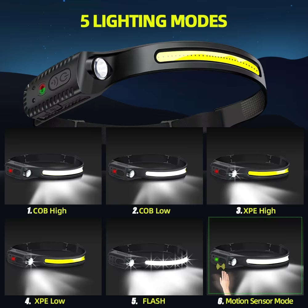 Advanced USB Rechargeable LED Sensor Headlamp - Versatile XPE+COB Lighting Solution for Camping, Fishing, and Outdoor Exploration