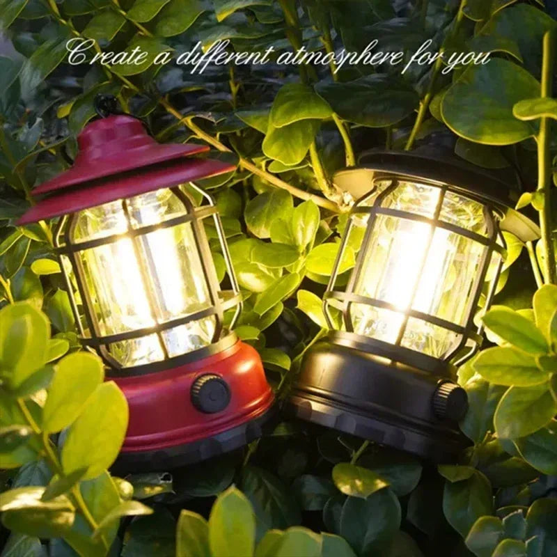 Illuminate Your Adventures: 2-Pack Retro Waterproof LED Camping Lanterns - USB Rechargeable Hanging Lights for Hiking and Fishing