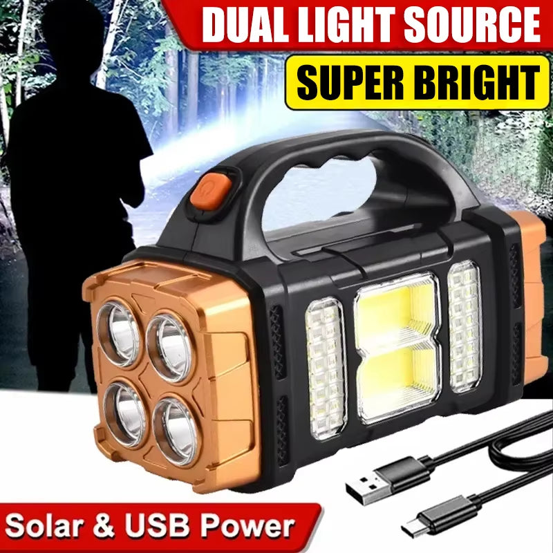 Premium Rechargeable Solar LED Flashlight & COB Work Light - 4 Lighting Modes with Emergency Phone Charging for Outdoor Adventures