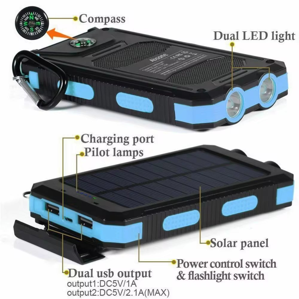 Premium Solar Power Bank Case with Dual USB Ports, SOS Light, Flashlight, and Compass – Your Ultimate Portable Charging Solution for Outdoor Adventures