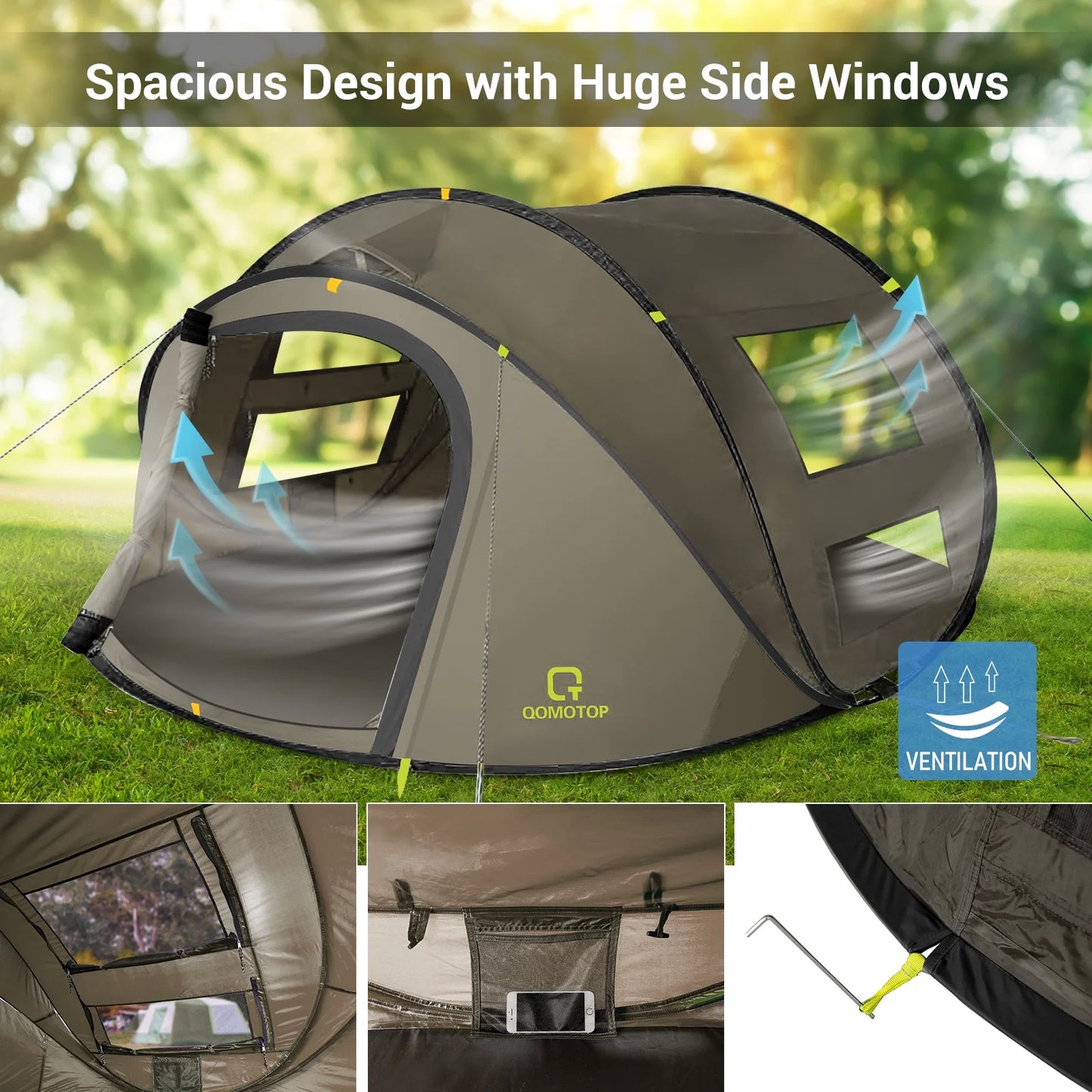 4-Person Instant Camping Tent with Automatic Setup, Waterproof Features, and Spacious Side Screen Windows in Green