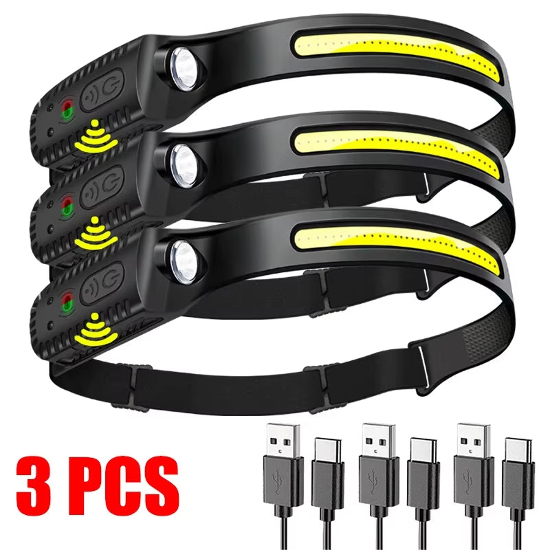 Advanced USB Rechargeable LED Sensor Headlamp - Versatile XPE+COB Lighting Solution for Camping, Fishing, and Outdoor Exploration