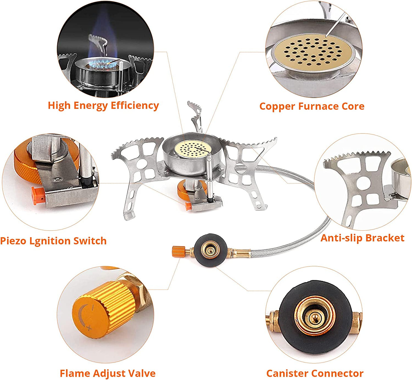 Versatile and Lightweight Portable Camping Stove with Piezo Ignition and Fuel Canister Adapter - 3900W Windproof Butane Mini Stove for Hiking and Backpacking