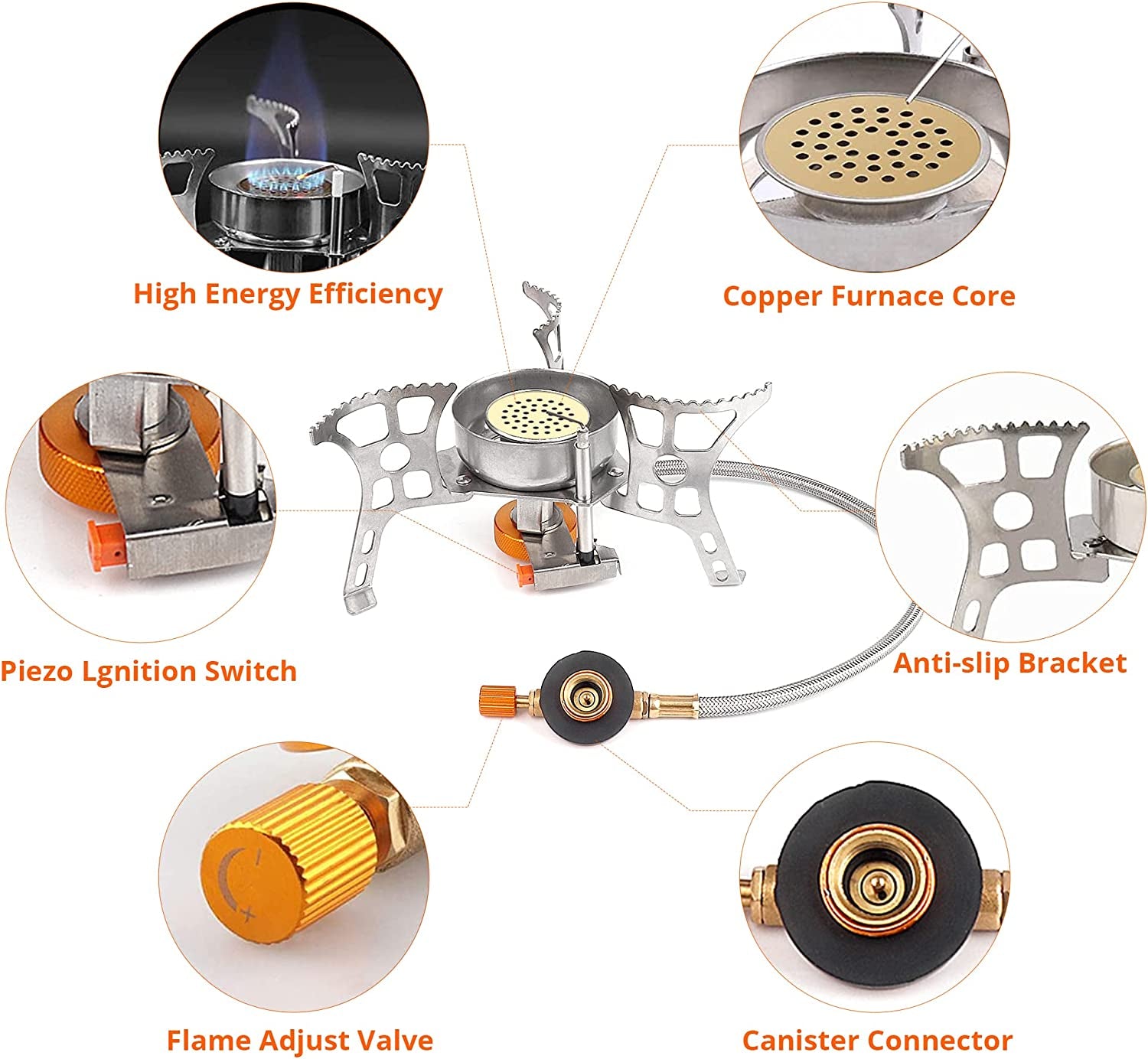 Versatile and Lightweight Portable Camping Stove with Piezo Ignition and Fuel Canister Adapter - 3900W Windproof Butane Mini Stove for Hiking and Backpacking