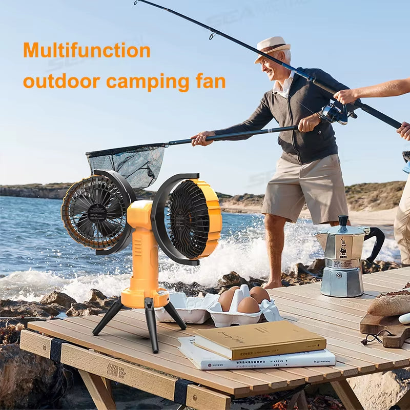 8000mAh Rechargeable Dual Head Portable Camping Fan with LED Light and 360° Automatic Rotation - Your Ultimate Outdoor Cooling Companion