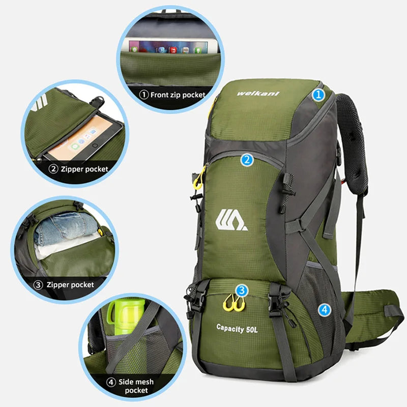 50L Waterproof Travel Backpack for Men and Women - Versatile Rucksack for Hiking, Camping, and Outdoor Adventures
