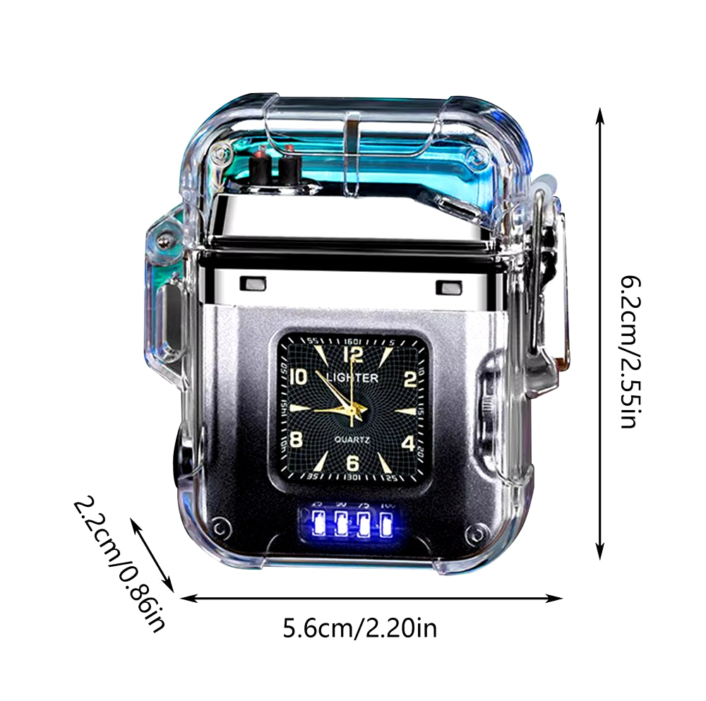Transparent Dual Arc Plasma Waterproof Lighter Watch with Rechargeable USB Flashlight - Flameless and Windproof for Outdoor Camping