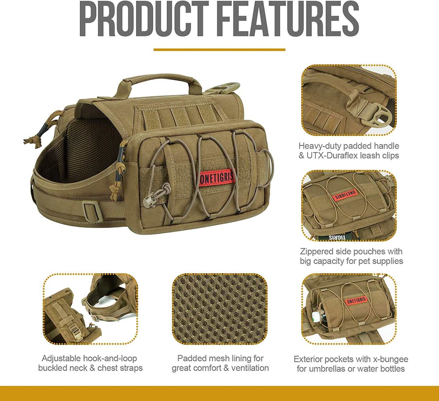 Tactical 1000D Nylon Dog Backpack for Medium and Large Breeds - Versatile Side Pockets for Hiking, Training, and Outdoor Adventures (Brown, Medium)