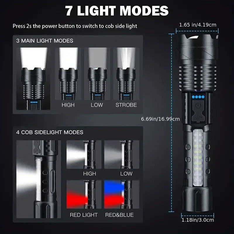 High-Performance Tactical LED Flashlight with USB Rechargeable Feature for Camping, Hiking, and Emergency Preparedness