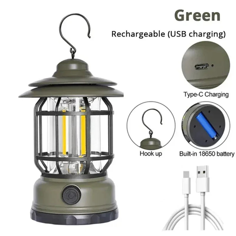 Illuminate Your Adventures: 2-Pack Retro Waterproof LED Camping Lanterns - USB Rechargeable Hanging Lights for Hiking and Fishing