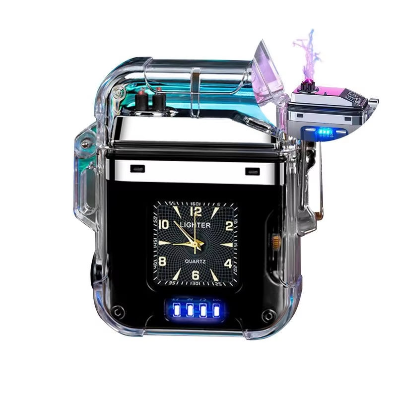 Transparent Dual Arc Plasma Waterproof Lighter Watch with Rechargeable USB Flashlight - Flameless and Windproof for Outdoor Camping