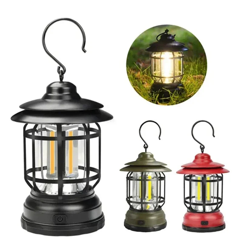 Illuminate Your Adventures: 2-Pack Retro Waterproof LED Camping Lanterns - USB Rechargeable Hanging Lights for Hiking and Fishing