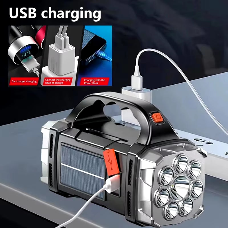Premium Rechargeable Solar LED Flashlight & COB Work Light - 4 Lighting Modes with Emergency Phone Charging for Outdoor Adventures