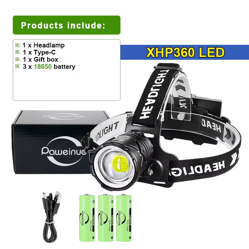 80000LM Ultra Bright Rechargeable XHP360 Headlamp - Perfect for Camping, Fishing, and Outdoor Adventures
