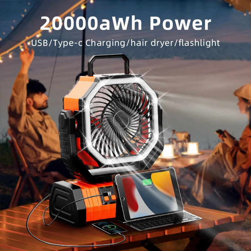 20000mAh High-Capacity Portable Battery Fan with LED Light and Hook - Perfect for Camping, Outdoor Adventures, and Office Comfort