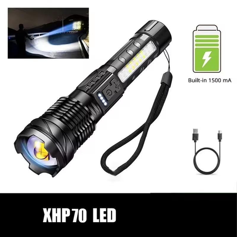 XHP50 Waterproof LED Flashlight - 7 Adjustable Modes and USB Rechargeable Torch for Camping, Fishing, and Outdoor Adventures